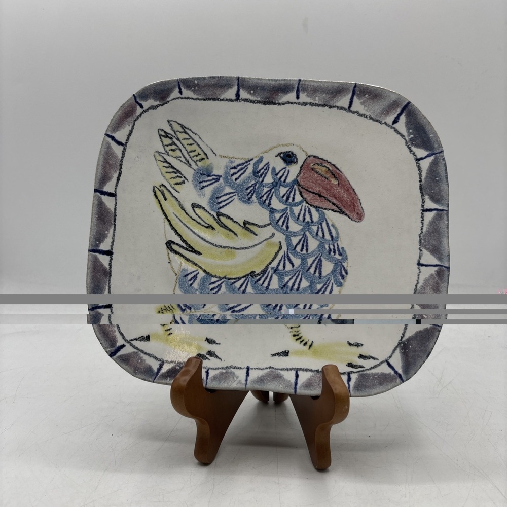 Suki Diamond Studio Signed Majolica Handmade Bird Animal Plate 8" Square Vintage